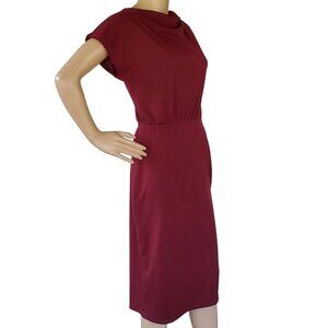 Women's L Midi Dress Sleeveless Cowl Neck Knit Stretch Maroon Red Elastic Waist